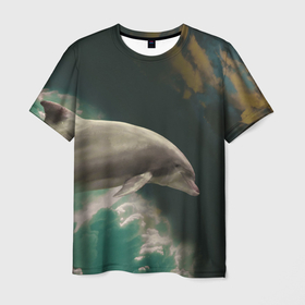 Мужская футболка 3D с принтом Дельфин в облаках в Белгороде, 100% полиэфир | прямой крой, круглый вырез горловины, длина до линии бедер | дельфин | облака | плавник | полет | свобода