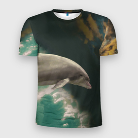 Мужская футболка 3D Slim с принтом Дельфин в облаках в Тюмени, 100% полиэстер с улучшенными характеристиками | приталенный силуэт, круглая горловина, широкие плечи, сужается к линии бедра | дельфин | облака | плавник | полет | свобода