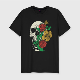 Мужская футболка хлопок Slim с принтом Floral Roses Skull  в Белгороде, 92% хлопок, 8% лайкра | приталенный силуэт, круглый вырез ворота, длина до линии бедра, короткий рукав | Тематика изображения на принте: bones | cranium | flower | flowers | gothic | merch | rose | skeleton | skull merch | tattoo | букет | готика | кости | мерч | мистика | рисунок черепа | роза | розы | скелет | татуировка | ужасы | флора | цветы | чайные розы | череп | черепа с