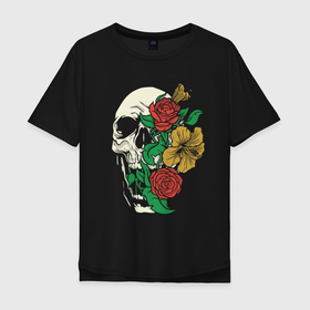 Мужская футболка хлопок Oversize с принтом Floral Roses Skull  в Тюмени, 100% хлопок | свободный крой, круглый ворот, “спинка” длиннее передней части | Тематика изображения на принте: bones | cranium | flower | flowers | gothic | merch | rose | skeleton | skull merch | tattoo | букет | готика | кости | мерч | мистика | рисунок черепа | роза | розы | скелет | татуировка | ужасы | флора | цветы | чайные розы | череп | черепа с