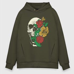Мужское худи Oversize хлопок с принтом Floral Roses Skull  в Белгороде, френч-терри — 70% хлопок, 30% полиэстер. Мягкий теплый начес внутри —100% хлопок | боковые карманы, эластичные манжеты и нижняя кромка, капюшон на магнитной кнопке | Тематика изображения на принте: bones | cranium | flower | flowers | gothic | merch | rose | skeleton | skull merch | tattoo | букет | готика | кости | мерч | мистика | рисунок черепа | роза | розы | скелет | татуировка | ужасы | флора | цветы | чайные розы | череп | черепа с