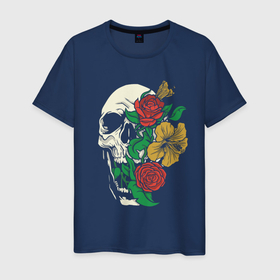 Мужская футболка хлопок с принтом Floral Roses Skull  в Тюмени, 100% хлопок | прямой крой, круглый вырез горловины, длина до линии бедер, слегка спущенное плечо. | Тематика изображения на принте: bones | cranium | flower | flowers | gothic | merch | rose | skeleton | skull merch | tattoo | букет | готика | кости | мерч | мистика | рисунок черепа | роза | розы | скелет | татуировка | ужасы | флора | цветы | чайные розы | череп | черепа с