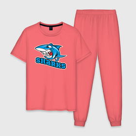Мужская пижама хлопок с принтом Sharks , 100% хлопок | брюки и футболка прямого кроя, без карманов, на брюках мягкая резинка на поясе и по низу штанин
 | shark | sharks | агрессивный | акула | хищник