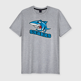 Мужская футболка хлопок Slim с принтом Sharks в Кировске, 92% хлопок, 8% лайкра | приталенный силуэт, круглый вырез ворота, длина до линии бедра, короткий рукав | shark | sharks | агрессивный | акула | хищник