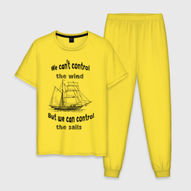 Мужская пижама хлопок с принтом Парусник в Курске, 100% хлопок | брюки и футболка прямого кроя, без карманов, на брюках мягкая резинка на поясе и по низу штанин
 | sails | wind | ветер | вода | корабль | море | моряк | паруса | парусник | пират | пиратский корабль | судно | яхта | яхтинг | яхтсмен