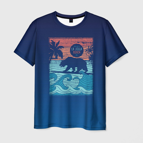 Мужская футболка 3D с принтом Медведь на серфинге в Екатеринбурге, 100% полиэфир | прямой крой, круглый вырез горловины, длина до линии бедер | Тематика изображения на принте: волны | закат | медведь | море | океан | отдых | отпуск | пальмы | серфинг