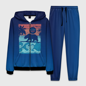 Мужской костюм 3D с принтом Медведь на серфинге в Екатеринбурге, 100% полиэстер | Манжеты и пояс оформлены тканевой резинкой, двухслойный капюшон со шнурком для регулировки, карманы спереди | волны | закат | медведь | море | океан | отдых | отпуск | пальмы | серфинг