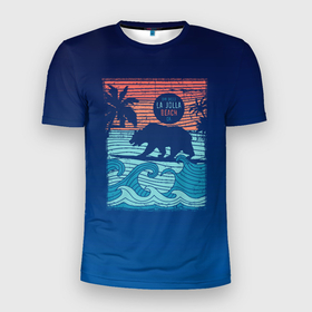 Мужская футболка 3D спортивная с принтом Медведь на серфинге , 100% полиэстер с улучшенными характеристиками | приталенный силуэт, круглая горловина, широкие плечи, сужается к линии бедра | волны | закат | медведь | море | океан | отдых | отпуск | пальмы | серфинг