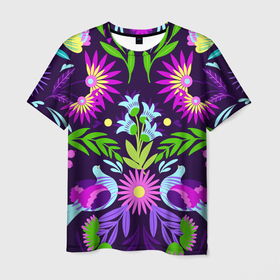 Мужская футболка 3D с принтом Мексиканская феерия , 100% полиэфир | прямой крой, круглый вырез горловины, длина до линии бедер | ветки | листья | мексика | птицы | роспись | узоры | цветы | этнические