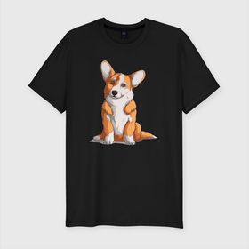 Мужская футболка хлопок Slim с принтом Милый корги в Белгороде, 92% хлопок, 8% лайкра | приталенный силуэт, круглый вырез ворота, длина до линии бедра, короткий рукав | corgi | корги | малыш | милашка | милый | очаровашка | пес | песик | собака | собачка
