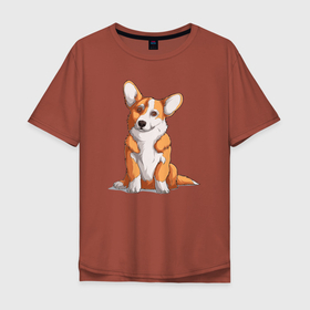 Мужская футболка хлопок Oversize с принтом Милый корги в Новосибирске, 100% хлопок | свободный крой, круглый ворот, “спинка” длиннее передней части | corgi | корги | малыш | милашка | милый | очаровашка | пес | песик | собака | собачка
