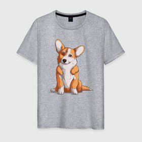 Мужская футболка хлопок с принтом Милый корги в Новосибирске, 100% хлопок | прямой крой, круглый вырез горловины, длина до линии бедер, слегка спущенное плечо. | corgi | корги | малыш | милашка | милый | очаровашка | пес | песик | собака | собачка
