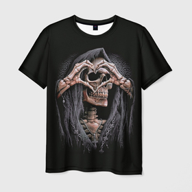 Мужская футболка 3D с принтом Skull Love в Тюмени, 100% полиэфир | прямой крой, круглый вырез горловины, длина до линии бедер | любовь | мрак | сердечко | сердце | скелет | тьма | череп