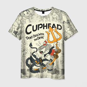 Мужская футболка 3D с принтом Cuphead and Devil , 100% полиэфир | прямой крой, круглый вырез горловины, длина до линии бедер | cuphead | devil | dont deal with the devil | все персонажи | дьявол | игры | капхед | чашеголовый | черт