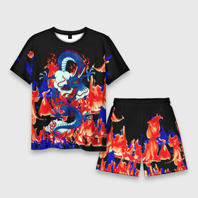 Мужской костюм с шортами 3D с принтом Огненный Дракон в Тюмени,  |  | Тематика изображения на принте: akatsuki | beast | dragon | fire | акацуки | дракон | животные | зверь | змей | когти | облако | огонь | узор | чб | японский