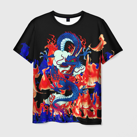 Мужская футболка 3D с принтом Огненный Дракон в Екатеринбурге, 100% полиэфир | прямой крой, круглый вырез горловины, длина до линии бедер | akatsuki | beast | dragon | fire | акацуки | дракон | животные | зверь | змей | когти | облако | огонь | узор | чб | японский