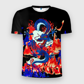 Мужская футболка 3D спортивная с принтом Огненный Дракон в Петрозаводске, 100% полиэстер с улучшенными характеристиками | приталенный силуэт, круглая горловина, широкие плечи, сужается к линии бедра | Тематика изображения на принте: akatsuki | beast | dragon | fire | акацуки | дракон | животные | зверь | змей | когти | облако | огонь | узор | чб | японский