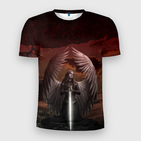 Мужская футболка 3D Slim с принтом Архангел. в Белгороде, 100% полиэстер с улучшенными характеристиками | приталенный силуэт, круглая горловина, широкие плечи, сужается к линии бедра | ангел | архангел | девушка | крылья | меч