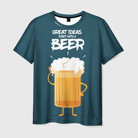 Мужская футболка 3D с принтом Great Ideas start with a BEER в Белгороде, 100% полиэфир | прямой крой, круглый вырез горловины, длина до линии бедер | Тематика изображения на принте: beer | ideas | идеи | минимализм
