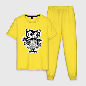 Мужская пижама хлопок с принтом Совушка с цветочком в Тюмени, 100% хлопок | брюки и футболка прямого кроя, без карманов, на брюках мягкая резинка на поясе и по низу штанин
 | Тематика изображения на принте: owl | owls | сова | совушка | совы | филин | фраза | юмор