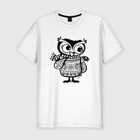 Мужская футболка хлопок Slim с принтом Совушка с цветочком в Тюмени, 92% хлопок, 8% лайкра | приталенный силуэт, круглый вырез ворота, длина до линии бедра, короткий рукав | owl | owls | сова | совушка | совы | филин | фраза | юмор