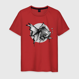 Мужская футболка хлопок с принтом Рыбка в Санкт-Петербурге, 100% хлопок | прямой крой, круглый вырез горловины, длина до линии бедер, слегка спущенное плечо. | золотая рыбка | морское животное | рыба | рыбка | рыбка в пузырьке | черно белая рыбка