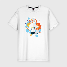 Мужская футболка хлопок Slim с принтом Наука в Тюмени, 92% хлопок, 8% лайкра | приталенный силуэт, круглый вырез ворота, длина до линии бедра, короткий рукав | карандаш | кисть | лампочка | наука | рисунок | часы | шестеренки