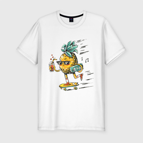 Мужская футболка хлопок Slim с принтом Крутой ананас в Санкт-Петербурге, 92% хлопок, 8% лайкра | приталенный силуэт, круглый вырез ворота, длина до линии бедра, короткий рукав | art | juice | music | pineapple | skate | skateboard | ананас | арт | музыка | скейт | скейтборд | сок
