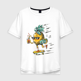 Мужская футболка хлопок Oversize с принтом Крутой ананас в Санкт-Петербурге, 100% хлопок | свободный крой, круглый ворот, “спинка” длиннее передней части | art | juice | music | pineapple | skate | skateboard | ананас | арт | музыка | скейт | скейтборд | сок