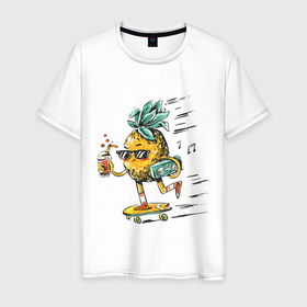 Мужская футболка хлопок с принтом Крутой ананас в Курске, 100% хлопок | прямой крой, круглый вырез горловины, длина до линии бедер, слегка спущенное плечо. | art | juice | music | pineapple | skate | skateboard | ананас | арт | музыка | скейт | скейтборд | сок