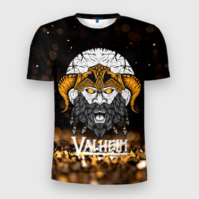 Мужская футболка 3D Slim с принтом Valheim viking gold в Екатеринбурге, 100% полиэстер с улучшенными характеристиками | приталенный силуэт, круглая горловина, широкие плечи, сужается к линии бедра | fantasy | mmo | valheim | valve | валхейм | вальхейм | викинги | выживалка | игра | королевская битва | ммо | ролевая игра | фэнтази