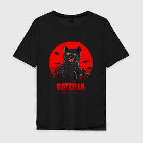 Мужская футболка хлопок Oversize с принтом КОТЗИЛЛА CATZILLA в Курске, 100% хлопок | свободный крой, круглый ворот, “спинка” длиннее передней части | cat | cats | catzila | catzilla | godzila | godzilla | годзила | годзилла | кот | котзила | котик | кошка | кэтзилла | мимими | прикол | прикольная