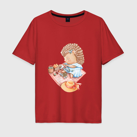 Мужская футболка хлопок Oversize с принтом Девушка ежик плетет венок в Тюмени, 100% хлопок | свободный крой, круглый ворот, “спинка” длиннее передней части | венок | девочка | девушка | ежик | лето | малышка | фрукты | цветы