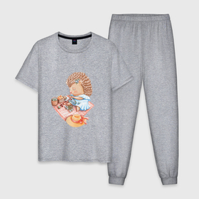 Мужская пижама хлопок с принтом Девушка ежик плетет венок в Новосибирске, 100% хлопок | брюки и футболка прямого кроя, без карманов, на брюках мягкая резинка на поясе и по низу штанин
 | венок | девочка | девушка | ежик | лето | малышка | фрукты | цветы