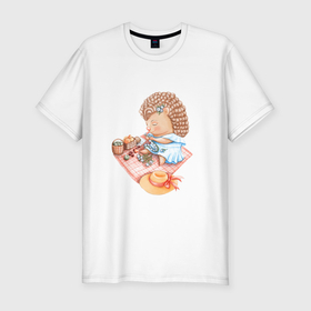 Мужская футболка хлопок Slim с принтом Девушка ежик плетет венок в Новосибирске, 92% хлопок, 8% лайкра | приталенный силуэт, круглый вырез ворота, длина до линии бедра, короткий рукав | венок | девочка | девушка | ежик | лето | малышка | фрукты | цветы