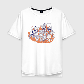 Мужская футболка хлопок Oversize с принтом Cuphead в Новосибирске, 100% хлопок | свободный крой, круглый ворот, “спинка” длиннее передней части | cartoon | cuphead | fire | game | illustration | mugman | skeleton