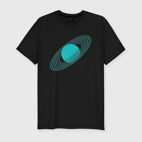 Мужская футболка хлопок Slim с принтом Сатурн в Екатеринбурге, 92% хлопок, 8% лайкра | приталенный силуэт, круглый вырез ворота, длина до линии бедра, короткий рукав | blue | planet | saturn | space | кольца | космос | планета