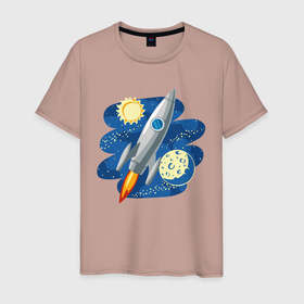 Мужская футболка хлопок с принтом Ракета в Кировске, 100% хлопок | прямой крой, круглый вырез горловины, длина до линии бедер, слегка спущенное плечо. | moon | rocket | space | stars | sun | астроном | астрономия | в космосе | гагарин | день космонавтики | звезды | космическая | космический | космонавт | космонавтика | космос | космос наш | луна | небо | полёт