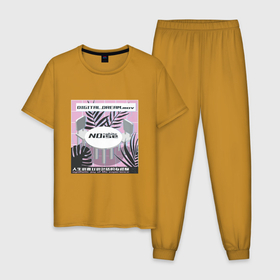 Мужская пижама хлопок с принтом Vaporwave White Noise в Белгороде, 100% хлопок | брюки и футболка прямого кроя, без карманов, на брюках мягкая резинка на поясе и по низу штанин
 | Тематика изображения на принте: 3d | 3д | digital dream | experience | japan | japanese | kanji | neon | palms | retrowave | tropical | белый шум | кандзи | неон | пальмы | паровая волна | ретровейв | стулья | тропики | цифровая мечта | экспириенс | япония | японская надпись