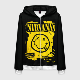 Мужская толстовка 3D на молнии с принтом Nirvana 1987 в Новосибирске, 100% полиэстер | длина до линии бедра, манжеты и пояс оформлены мягкой тканевой резинкой, двухслойный капюшон со шнурком для регулировки, спереди молния, по бокам два кармана | album | curt | kobain | logo | music | nevermind | nirvana | rock | smells like | smile | teen spirit | альбом | гитара | курт кобейн | логотип | музыка | невермайнд | нирвана | рок | смайл | стикер