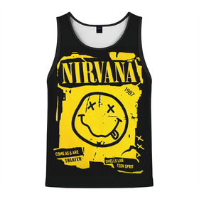 Мужская майка 3D с принтом Nirvana 1987 в Белгороде, 100% полиэстер | круглая горловина, приталенный силуэт, длина до линии бедра. Пройма и горловина окантованы тонкой бейкой | Тематика изображения на принте: album | curt | kobain | logo | music | nevermind | nirvana | rock | smells like | smile | teen spirit | альбом | гитара | курт кобейн | логотип | музыка | невермайнд | нирвана | рок | смайл | стикер
