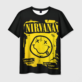 Мужская футболка 3D с принтом Nirvana 1987 в Санкт-Петербурге, 100% полиэфир | прямой крой, круглый вырез горловины, длина до линии бедер | Тематика изображения на принте: album | curt | kobain | logo | music | nevermind | nirvana | rock | smells like | smile | teen spirit | альбом | гитара | курт кобейн | логотип | музыка | невермайнд | нирвана | рок | смайл | стикер