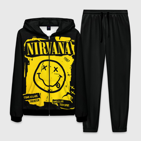 Мужской костюм 3D с принтом Nirvana 1987 в Белгороде, 100% полиэстер | Манжеты и пояс оформлены тканевой резинкой, двухслойный капюшон со шнурком для регулировки, карманы спереди | album | curt | kobain | logo | music | nevermind | nirvana | rock | smells like | smile | teen spirit | альбом | гитара | курт кобейн | логотип | музыка | невермайнд | нирвана | рок | смайл | стикер