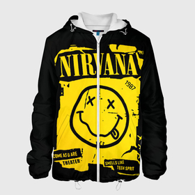 Мужская куртка 3D с принтом Nirvana 1987 , ткань верха — 100% полиэстер, подклад — флис | прямой крой, подол и капюшон оформлены резинкой с фиксаторами, два кармана без застежек по бокам, один большой потайной карман на груди. Карман на груди застегивается на липучку | Тематика изображения на принте: album | curt | kobain | logo | music | nevermind | nirvana | rock | smells like | smile | teen spirit | альбом | гитара | курт кобейн | логотип | музыка | невермайнд | нирвана | рок | смайл | стикер