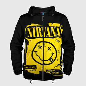 Мужская ветровка 3D с принтом Nirvana 1987 в Белгороде, 100% полиэстер | подол и капюшон оформлены резинкой с фиксаторами, два кармана без застежек по бокам, один потайной карман на груди | Тематика изображения на принте: album | curt | kobain | logo | music | nevermind | nirvana | rock | smells like | smile | teen spirit | альбом | гитара | курт кобейн | логотип | музыка | невермайнд | нирвана | рок | смайл | стикер