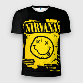 Мужская футболка 3D Slim с принтом Nirvana 1987 в Санкт-Петербурге, 100% полиэстер с улучшенными характеристиками | приталенный силуэт, круглая горловина, широкие плечи, сужается к линии бедра | Тематика изображения на принте: album | curt | kobain | logo | music | nevermind | nirvana | rock | smells like | smile | teen spirit | альбом | гитара | курт кобейн | логотип | музыка | невермайнд | нирвана | рок | смайл | стикер