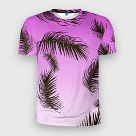 Мужская футболка 3D спортивная с принтом Тропический Закат в Белгороде, 100% полиэстер с улучшенными характеристиками | приталенный силуэт, круглая горловина, широкие плечи, сужается к линии бедра | tropics | горизонт | закат | лето | листья | листья пальмы | пальма | пляжная | рассвет | тропики