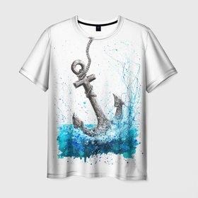 Мужская футболка 3D с принтом Якорь На Холсте в Новосибирске, 100% полиэфир | прямой крой, круглый вырез горловины, длина до линии бедер | акварель | гуашь | карикатура | море | морская | морская тематика | морякам | моряку | океан | рисунок | холст | якорь