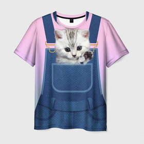 Мужская футболка 3D с принтом Котенок в кармане в Санкт-Петербурге, 100% полиэфир | прямой крой, круглый вырез горловины, длина до линии бедер | в кармане | в кармашке | животные | комбинезон | кот | котенок | котик | кошка