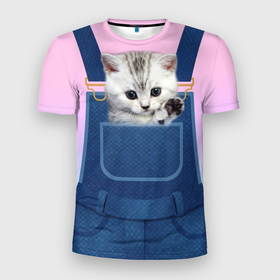 Мужская футболка 3D спортивная с принтом Котенок в кармане в Новосибирске, 100% полиэстер с улучшенными характеристиками | приталенный силуэт, круглая горловина, широкие плечи, сужается к линии бедра | Тематика изображения на принте: в кармане | в кармашке | животные | комбинезон | кот | котенок | котик | кошка